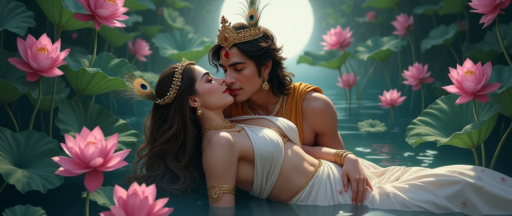 A serene view of Lord Krishna in traditional dress, muscular, royal crown with few peacock feathers in the crown, wearing a floral garland. Krishna holds Radha in his hands. Radha has a sexy fair skin face, brown eyes, red lips, long wavy brown hair, wearing a luxurious crown. Radha is wearing a sexy white floral saree, fully exposing her hot navel to seduce lord Krishna. Radha has perfect body features. Radha and krishna are looking at each other in a seductive way. Radha sleeping on krishna's chest. Both radha and lord krishna are happy in the palace pond covered with pink lotus flowers. Radha and krishna are very happy with a smile. The backdrop features a luminous full moon, casting a tranquil glow Depth to the image, creating a sacred and mystical atmosphere. The scene is a top view. Make sure everything is perfect.