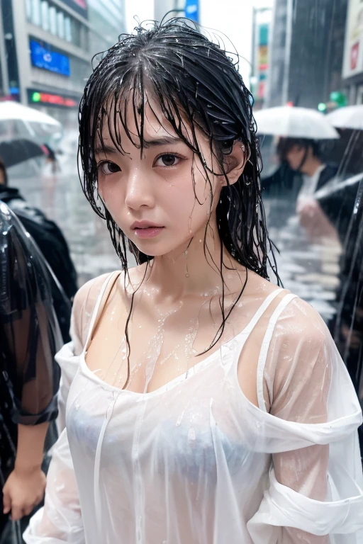 Best image quality, masterpiece, Ultra-high resolution, (Loyalty :1.4), Pretty Japanese woman, 1 person, Detailed face, Detailed eyes, Correct human anatomy, ,tears, tearsdrop, (White shirt), (Wet clothes stick to the body:1.4), Exposing shoulders, ((Wet Hair)), Heavy Rain, Shibuya Crossing