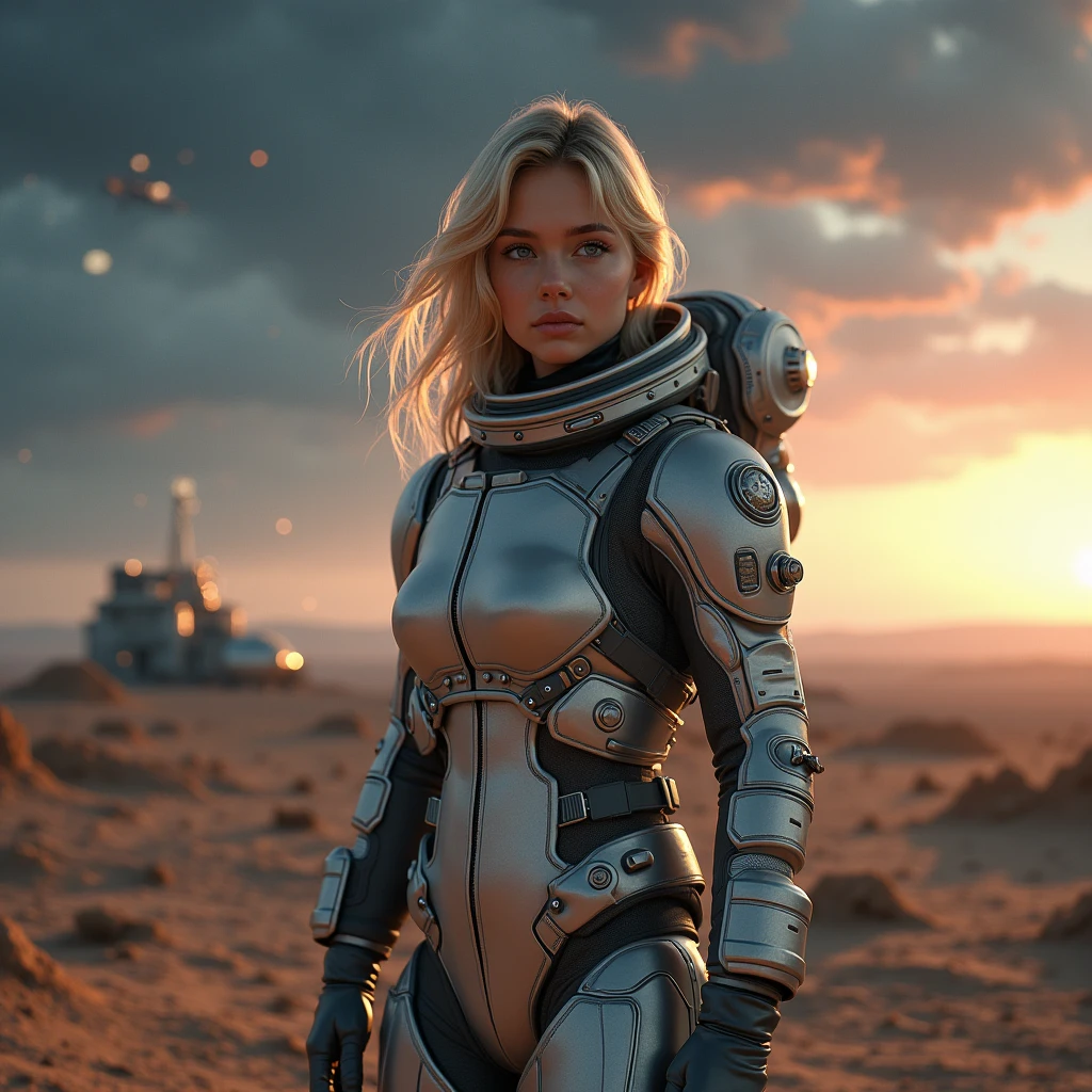 Masterpiece, a beautiful 2 German blonde girl, solitary female astronaut, desolated planet landscape, space and stars, electric atmosphere, utility belt, Metallic Gray Zinc, sci-fi, ultra high res.photorealistic, 16k, UHD, HDR, the best quality, body-tight astronaut suit, intricate, the most fantastic details, RAW, dramatic lighting, full body, space ships in the sky, realistic reflections, sunrise, to scale, lonely, determined, dynamic posture, a space military compound in the background