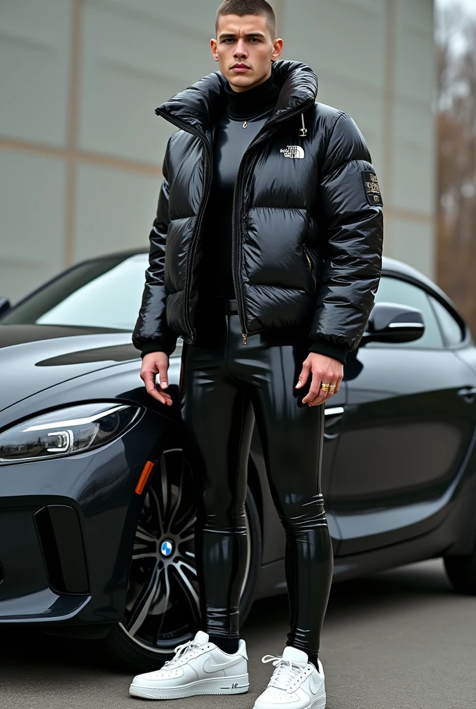 full view full body, white guy with light-brown undercut clean shaved haircut, golden rings, wearing full length shiny skintight rubber grass with a black North Face puffer jacket blistered with air and white Nike Air Force one, waiting standing beside bmw car