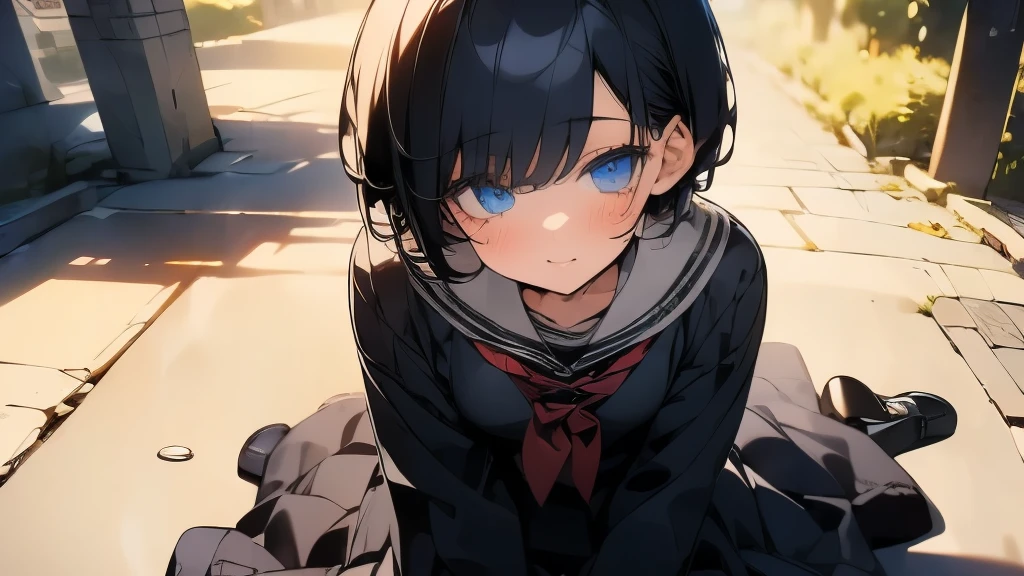 (( masterpiece)), (( best quality)), (( high graphics)), (( 16k)), (( ultra detailed)), (( beautiful eyes)), 1 girl, short hair, school uniform, black hair, anime, sitting on the floor with one's legs tucked under to one side,