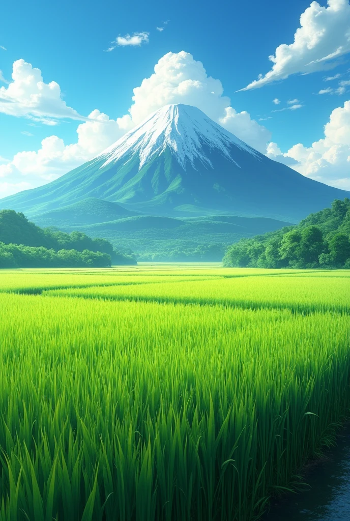 Rice plants in the middle of rice fields, under the foot of the mountain, with clear skies and clean clouds