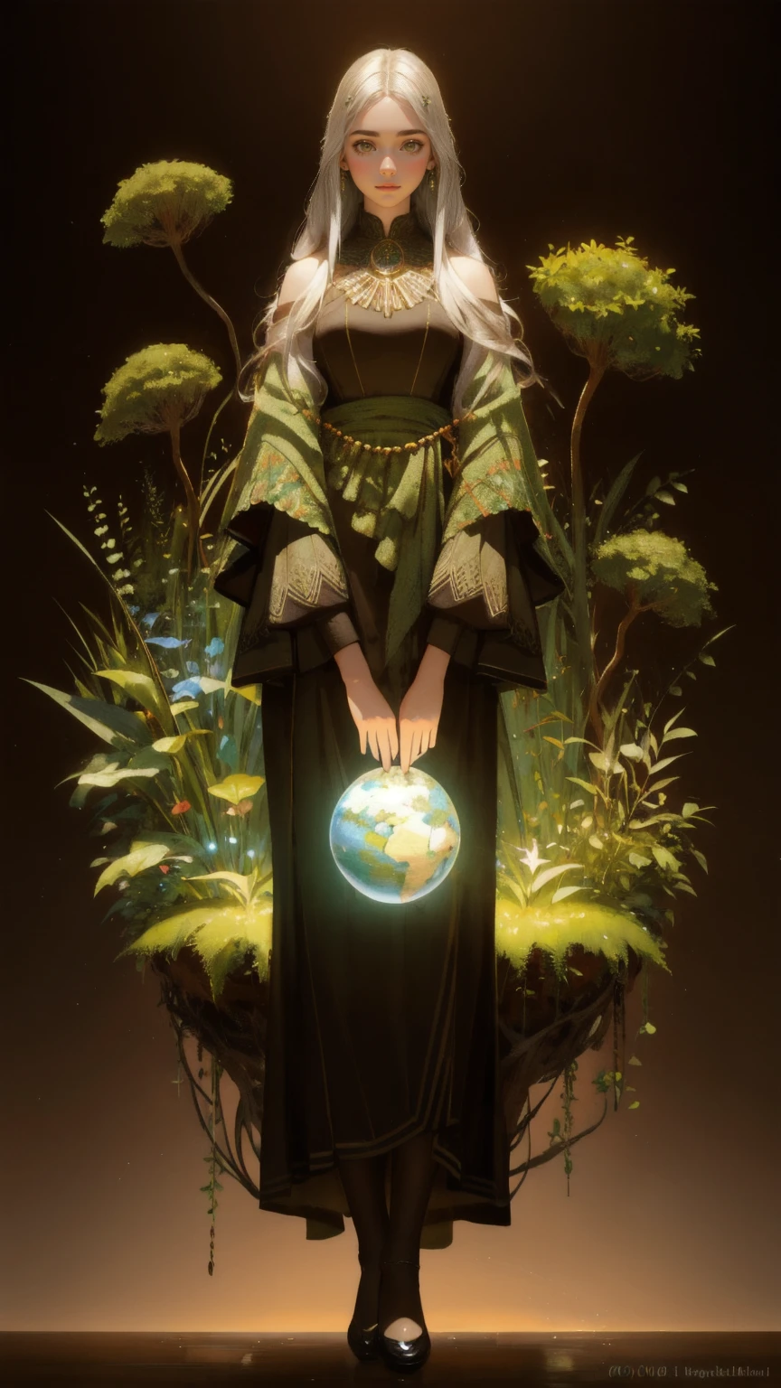 Create an image of a beautiful girl holding a globe in her hands, set in a brown environment. The character is inspired by Igor Morski, representing Mother Earth, with a full-figured form made of plants and greenery. The artwork should reflect environmental themes, with a focus on a green world. Incorporate the artistic styles of Igor Morski and Sylvain Sarrailh, with elements of award-winning CGI, environmental art, and photo manipulation. The brown background should enhance the earthy and natural tones of the composition.
