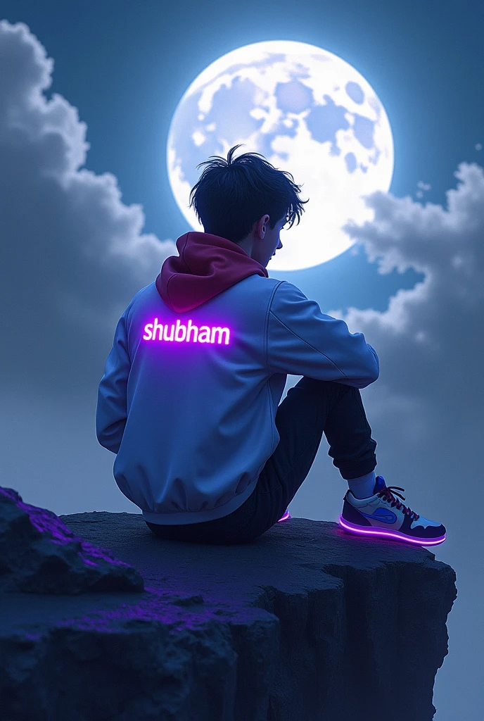 A young person sits on a rocky cliff, gazing at a large, luminous moon in a dramatic sky filled with dark clouds. The figure is dressed in a white jacket with blue and red accents, featuring a prominent “Shubham” logo on the back with purple neon glow , and black pants. Their stylish, futuristic sneakers emit a soft purple glow, while their hair is tousled and lightly illuminated by the moonlight. The overall scene has a moody and introspective atmosphere, with shadows and vibrant colors blending beautifully.