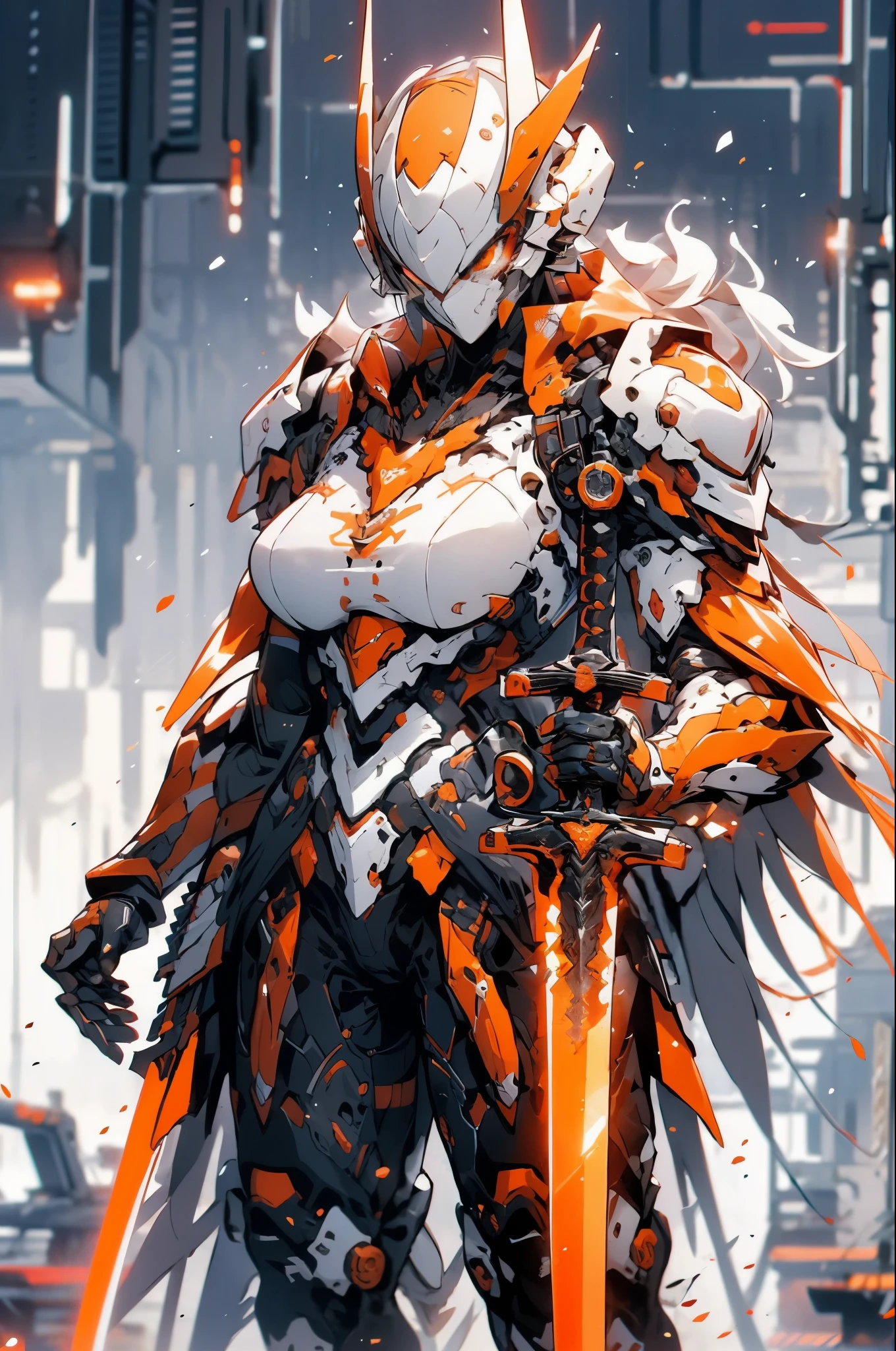 a woman with a sword and wings standing in front of a city, by Yang J, from arknights, detailed key anime art, red armor, trending on artstation pixiv, anime epic artwork, badass anime 8 k, [ trending on cgsociety ]!!, anime fantasy artwork, detailed anime artwork, blood red armor, white and red armor