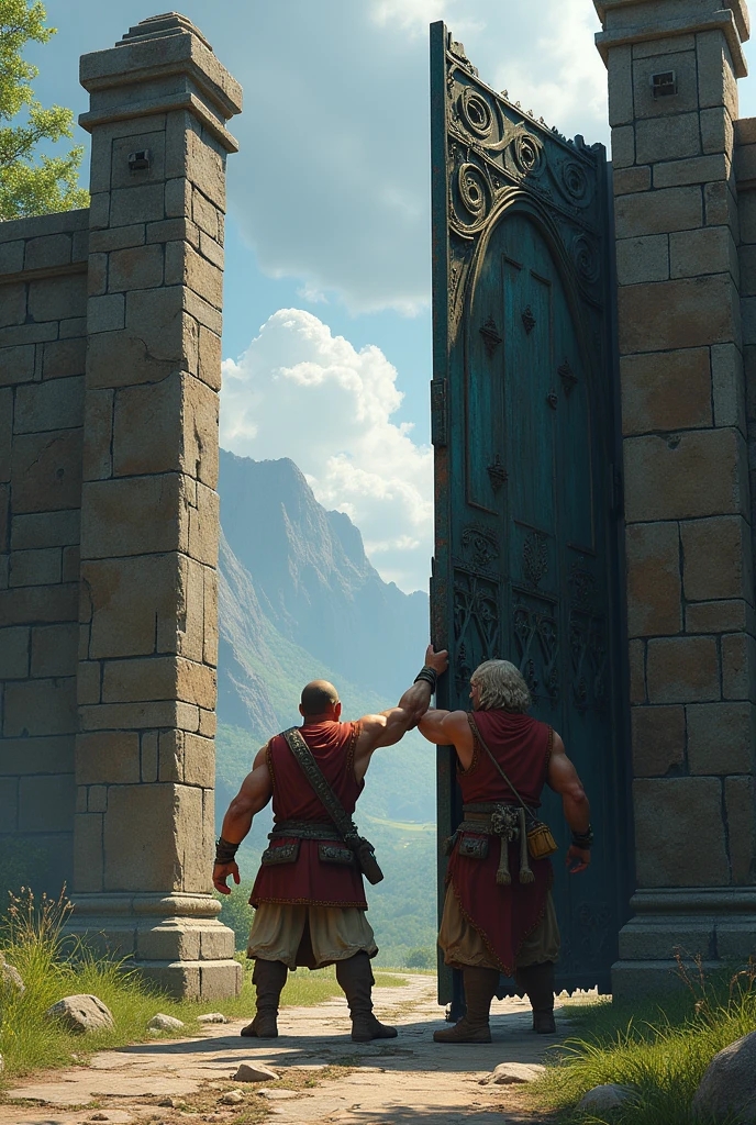 The 2 man opening the huge ancient gate which was at the border of the village.