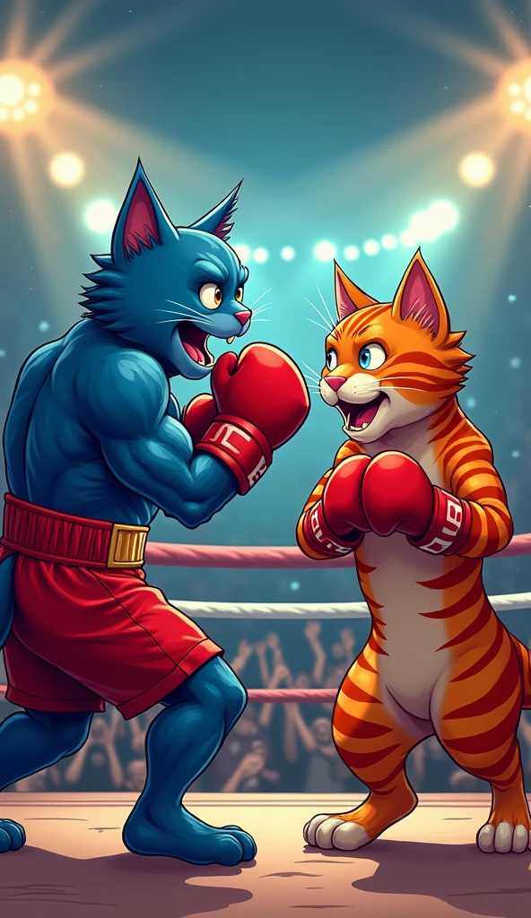 A highly stylized illustration featuring two anthropomorphic cats in a boxing ring. On the left, a muscular blue cat wearing red boxing shorts and gloves delivers a powerful punch to the striped red cat on the right, who looks surprised. The background features a cheering crowd and bright arena lights. Both cats are depicted with exaggerated features, emphasizing their athleticism and the intensity of the match.