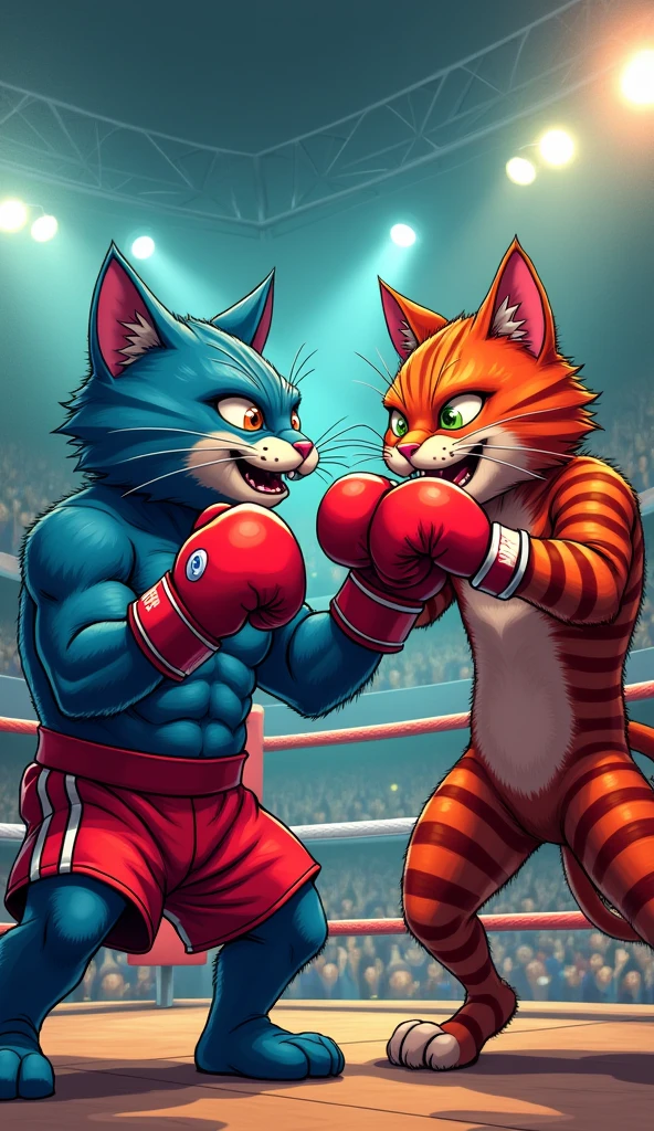 A highly stylized illustration featuring two anthropomorphic cats in a boxing ring. On the left, a muscular blue cat wearing red boxing shorts and gloves delivers a powerful punch to the striped red cat on the right, who looks surprised. The background features a cheering crowd and bright arena lights. Both cats are depicted with exaggerated features, emphasizing their athleticism and the intensity of the match.