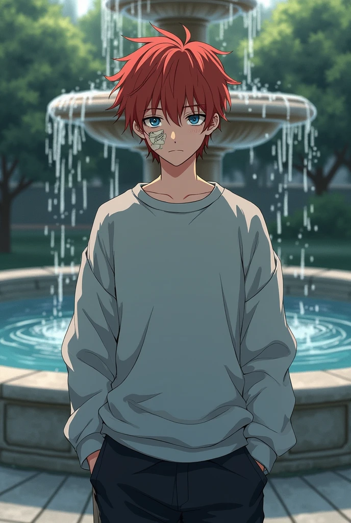 Japanese teenage boy wearing an oversized grey sweater. The sleevers hide his hands. He is wearing a black cargo short. The boy have short red not orange messy hair. He have bruises under his eye and a bandage tape on his nose. He have pale blue eyes. He is handsome. His face is the most visible. Anime. He stands in front of a fountain.