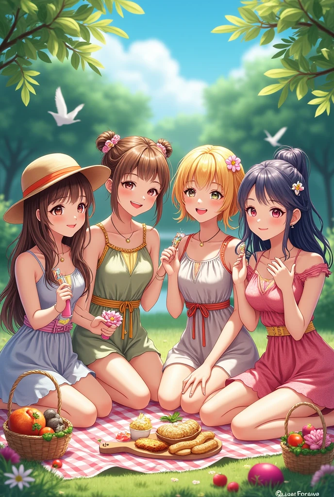 make 4 girl from group I.R.I.S an kpop group, with a friend, summer, musical, picnic concept