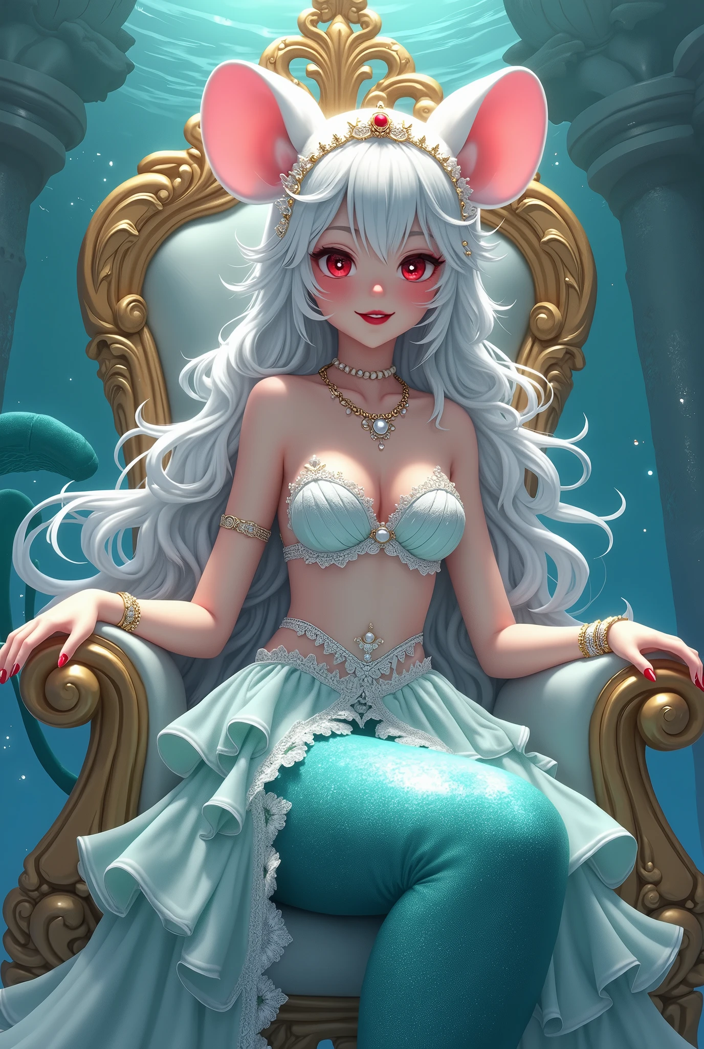 (best quality,4k,8k,highres,masterpiece:1.2),ultra-detailed, drawn in 2D anime style, Pretty albino girl magically transformed into a beautiful mermaid princess, race swap, fantastic transformation, sharp teeth, beautifully detailed lips with lipstick, she’s smiling, steampunk, fishlike, wet body, very long curly white hair adorned with hair accessories, red eyes with long eyelashes, white fur, slim body, red manicured nails, whiskers, mouse ears with pearls earrings hanging from them, long mermaid tail below waistline with shimmering cyan fish scales, pelvic and dorsal fins, a pair of fish gills on her torso, highly detailed seashell bra with intricate patterns, pearl and gold bracelets, pearl necklace, tiara made of seashells, cute princess dress, physically-based rendering,gorgeous frilly dress design,flowing gown,elaborate lace details,rich textures,contrast stitching,delicate ribbon bows,fish scale accents, translucent skirt,fitted waistline,lace-up back,luxurious fabrics,flawless silhouette, joyful expression, sparkling water, water reflections, ethereal atmosphere, subtle glow, whimsical and enchanting, sitting gracefully on a throne chair, underwater castle interior, intricately decorated throne room, magical underwater lighting, vivid colors, breathing underwater, endless ocean depths, light filtering through the water, Highly detailed, masterpiece, high quality, 4K.