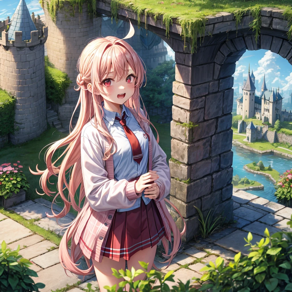 Pink Blonde、Red eyes、Wavy Hair、Hair tied up、Two cute、Checked mini skirt、black t-shirts、cardigan、Knee-high socks、Teeth are visible、Monster Castle、Tilting face、windmill、grass、Stones are growing out of the ground.、In front of the city gates、Underground tunnels、Water flows from the castle、Wooden bridge、The stone is cracked、Ashura Statue