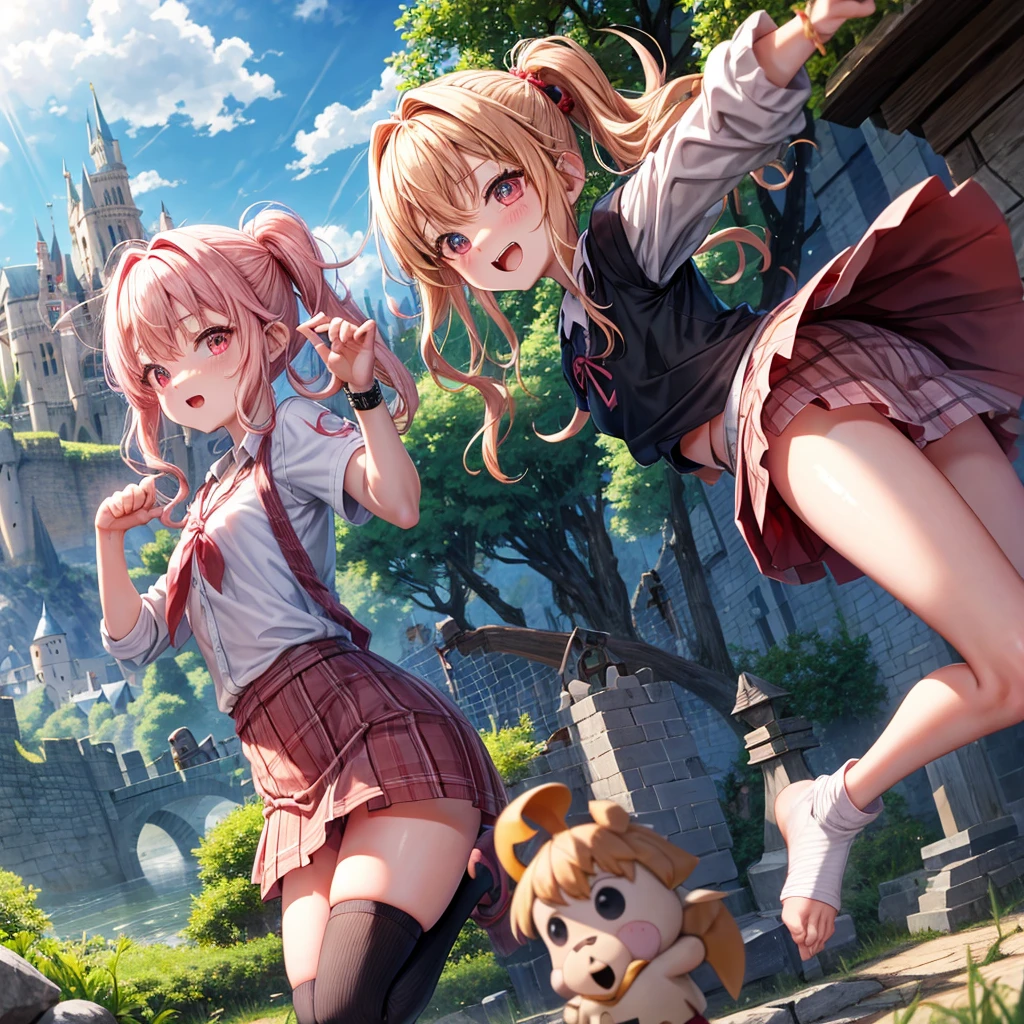 Pink Blonde、Red eyes、Wavy Hair、Hair tied up、Two cute、Checked mini skirt、black t-shirts、cardigan、Knee-high socks、Teeth are visible、Monster Castle、Tilting face、windmill、grass、Stones are growing out of the ground.、In front of the city gates、Underground tunnels、Water flows from the castle、Wooden bridge、The stone is cracked、Ashura Statue