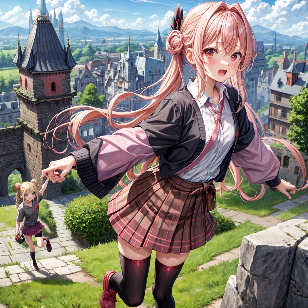 Pink Blonde、Red eyes、Wavy Hair、Hair 、Two cute、Checked mini skirt、black t-shirts、cardigan、Knee-high socks、Teeth are visible、Monster Castle、Tilting face、windmill、grass、Stones are growing out of the ground.、In front of the city gates、Underground tunnels、Water flows from the castle、Wooden bridge、The stone is cracked、Ashura Statue