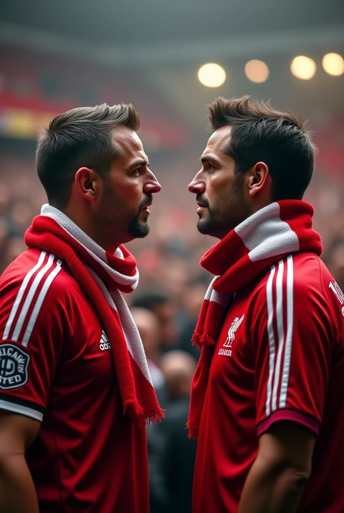 Mets-moi deux fans mets-moi en confrontation deux fans de football l'un et fin de Manchester United et porte Manchester United l'autre est fan de Liverpool et porte une écharpe de Liverpool