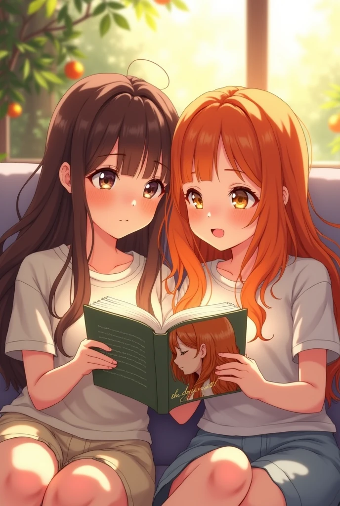 Two anime style softy friends looking at each other one of the girls has long brown hair and the other girl has long orange hair, They are reading a book with their eyes open and smiling, The book is white and has on its cover the profile of a girl with orange hair and above the girls reading is the phrase "The Days of April" in Spanish.