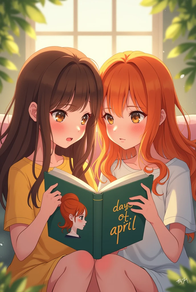 Two anime style softy friends looking at each other one of the girls has long brown hair and the other girl has long orange hair, They are reading a book with their eyes open and smiling, The book is white and has on its cover the profile of a girl with orange hair and above the girls reading is the phrase "The Days of April" in Spanish.