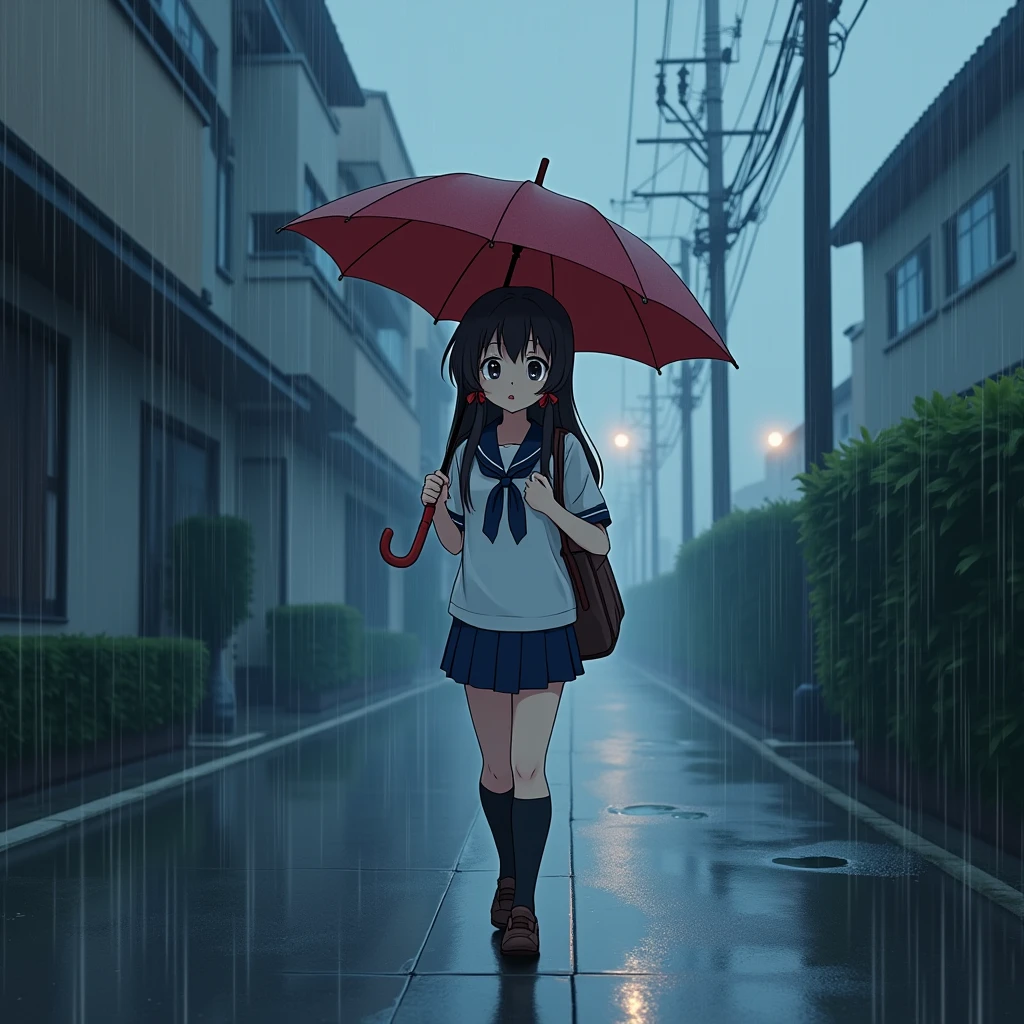 Anime Style, A girl walking down a hill, Walking, Holding an umbrella, Surprised expression,
Steep Slope, Slope, Slope 30%,
The girl is wearing a white sailor suit with short sleeves and a navy collar, with a blue ribbon., Wearing a navy blue skirt,
Wearing black high socks, Wearing loafers.
Her hair is very long and black, with low twin tails and red ribbons..
Not high pigtails, Not half-up,
Open red umbrella, Dark brown school bag,
Late teens, Small breasts, Has dark brown eyes.
puddle, Sidewalk, pavement, Japan roads, Town, building, Apartment, Electric pole, electric wire, Town灯,
Very heavy rain, fog, Outdoor, evening, from front.