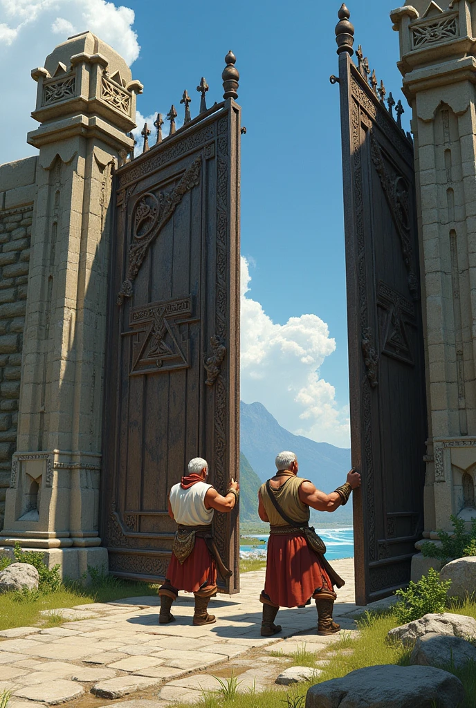 The 2 man opening the huge ancient gate which was at the border of the village.