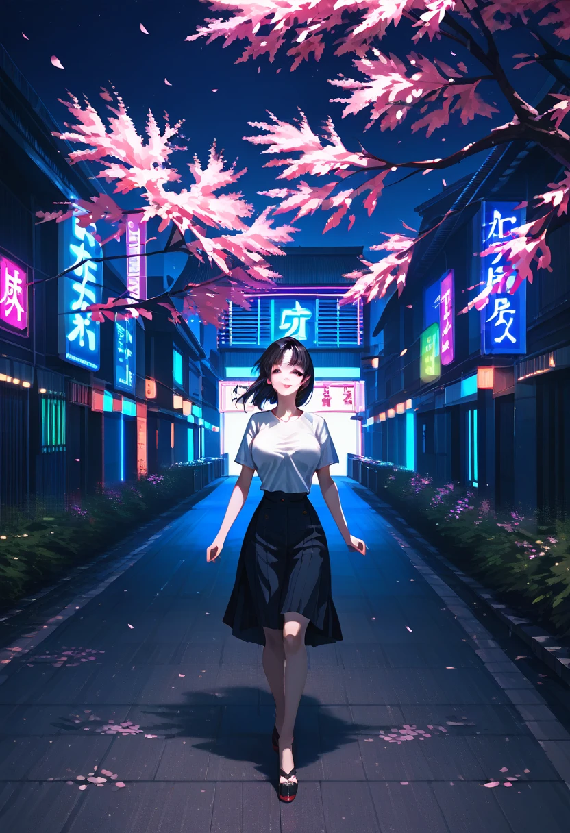 masterpiece, high quality, 16k resolution, detailed, beautiful anime girl, (large breasts), slender waist, pale skin, black hair, fine hair, simple clothing, white T-shirt, no accessories, (looking away:1.4), (walking in neon-lit night city), spring season, comfortable weather, discovering beautiful night cherry blossoms, neon lights, joyful expression, looking up at cherry tree, stunning smile, beautiful eyes, delicate face, artistic, emotional depth, serene atmosphere, detailed background, breathtaking beauty, (MrKb), full body shot