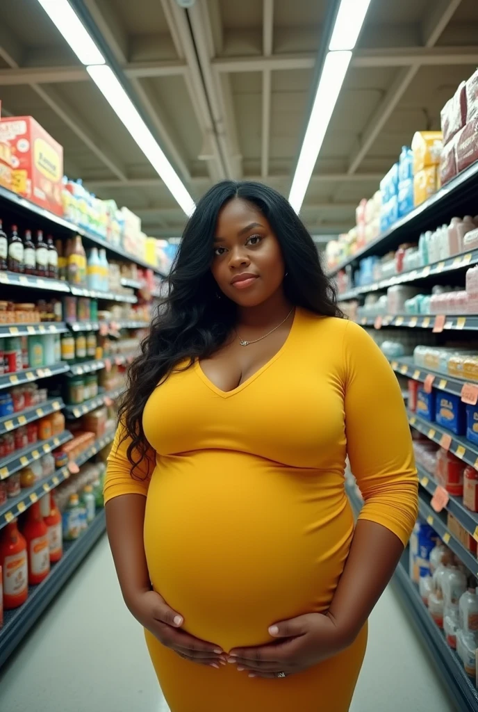 Your POV view of Cardi B's pregnant plus size stepmother taking you to the supermarket while shopping. fisheye camera view, iphone camera style. HD, realface, cinematic