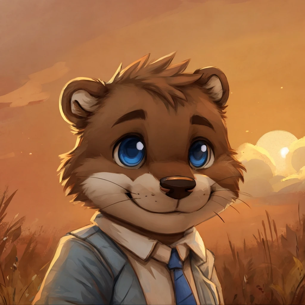 A close-up of an anthropomorphic and cute otter, happy, blue eyes, dressed with casual clothes, closed smile, bright sky background, high quality furry art, chibi style.