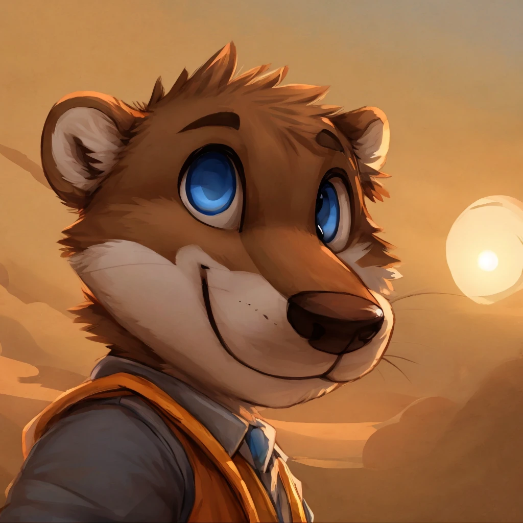 A close-up of an anthropomorphic and cute otter, happy, blue eyes, dressed with casual clothes, closed smile, bright sky background, high quality furry art, chibi style.