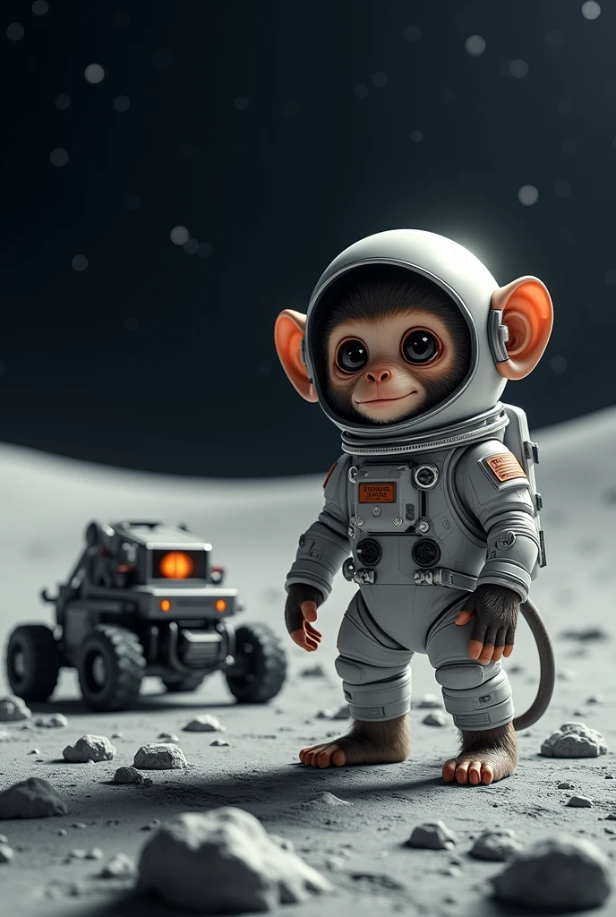 Monkey with space suit and stand next to a space rover in moon 9:16 scale