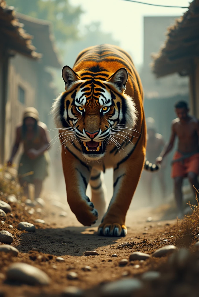 Scene 3: The Greedy Tiger**
- **Description:** The greedy tiger, looking menacing and hungry, approaching the village. Villagers are seen nervously trying to offer food.