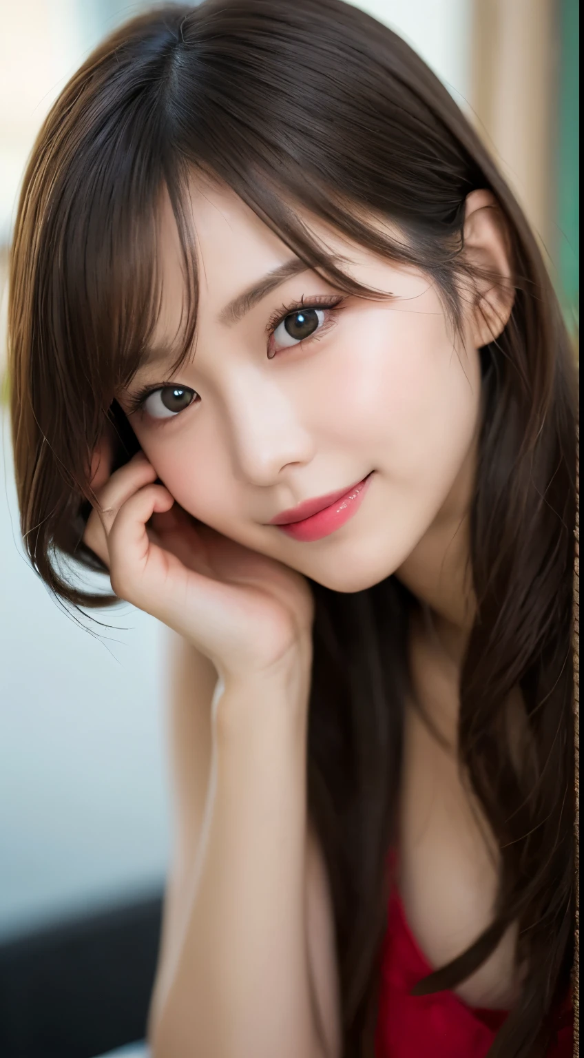 Tabletop, Highest quality, shape, Very detailed, finely, High resolution, 8k wallpaper, 完璧なダイナミックな構shape, Beautiful and detailed,ランダムなcute髪,,Natural color lip, Bold sexy pose,smile、20-year-old girl、cute、Looking into the camera,Always blur the background,Perfect and beautiful face,Slim face and figure,Big eyes、Putting on gal makeup,Small face,Shooting from below、smile,Blurred Background,Elegant feminine face、Cyberpunk Fashion、smile、Cosplayers