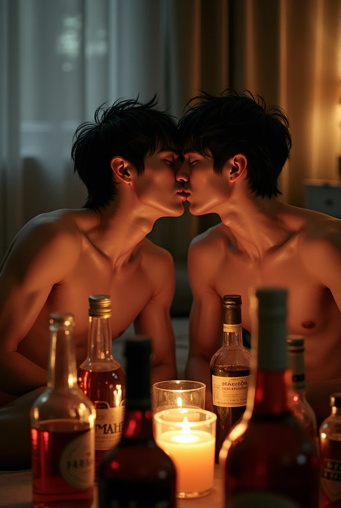 Photo Quality、A lot of cute handsome men、Mash Hair、Japanese male, 、Completely naked、Full nudity、erection、Huge penis、Highest quality、Realistic、beautiful、Lots of bottled beer、bottle wine、Surrounded by whiskey bottles、Inside the apartment、Dim lighting、Blowjob