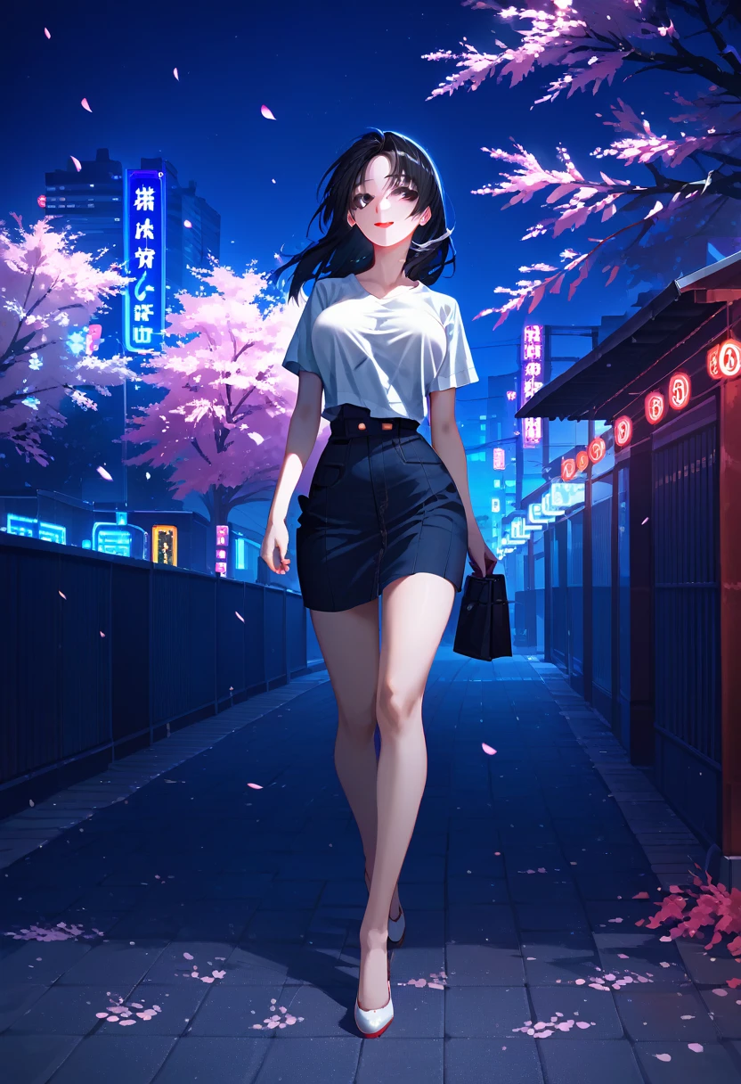 masterpiece, high quality, 16k resolution, detailed, beautiful anime girl, (large breasts), slender waist, pale skin, black hair, fine hair, simple clothing, white T-shirt, no accessories, (looking away:1.4), (walking in neon-lit night city), spring season, comfortable weather, discovering beautiful night cherry blossoms, neon lights, joyful expression, looking up at cherry tree, stunning smile, beautiful eyes, delicate face, artistic, emotional depth, serene atmosphere, detailed background, breathtaking beauty, (MrKb), full body shot