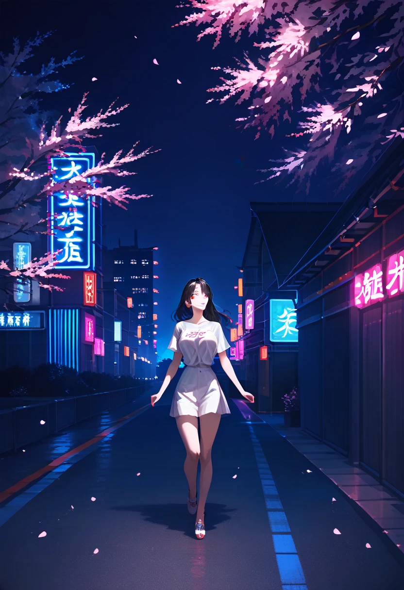 masterpiece, high quality, 16k resolution, detailed, beautiful anime girl, (large breasts), slender waist, pale skin, black hair, fine hair, simple clothing, white T-shirt, no accessories, (looking away:1.4), (walking in neon-lit night city), spring season, comfortable weather, discovering beautiful night cherry blossoms, neon lights, joyful expression, looking up at cherry tree, stunning smile, beautiful eyes, delicate face, artistic, emotional depth, serene atmosphere, detailed background, breathtaking beauty, (MrKb), full body shot