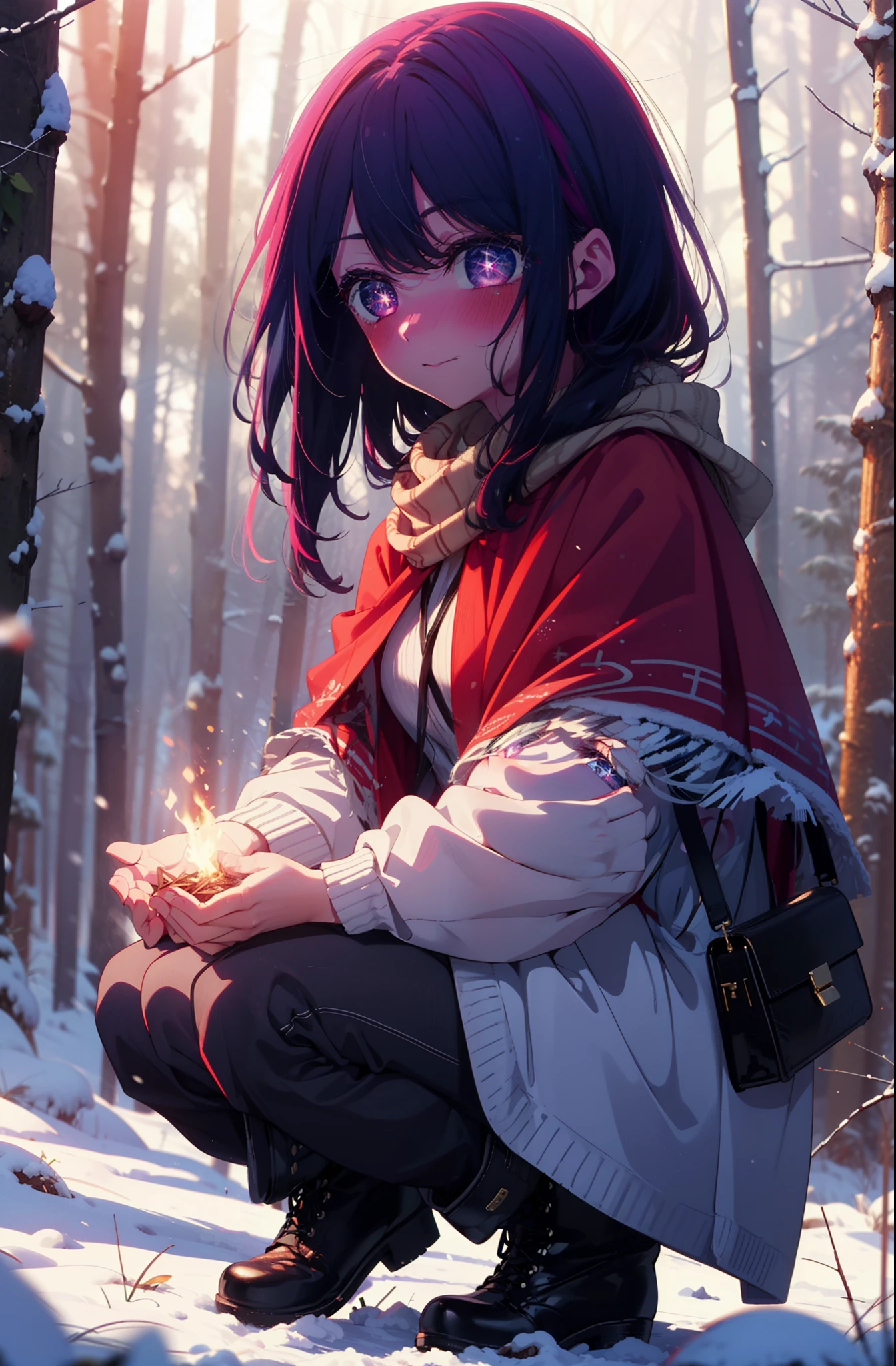aihoshino, Ai Hoshino, Long Hair, bangs, (Purple eyes:1.1), Purple Hair, (Symbol-shaped pupil:1.5), smile,,smile,blush,white breath,
Open your mouth,snow,Ground bonfire, Outdoor, boots, snowing, From the side, wood, suitcase, Cape, Blurred, , forest, White handbag, nature, Squat, Mouth closed, Cape, winter, Written boundary depth, Black shoes, red Cape break looking at viewer, Upper Body, whole body, break Outdoor, forest, nature, break (masterpiece:1.2), Highest quality, High resolution, unity 8k wallpaper, (shape:0.8), (Beautiful and beautiful eyes:1.6), Highly detailed face, Perfect lighting, Extremely detailed CG, (Perfect hands, Perfect Anatomy),