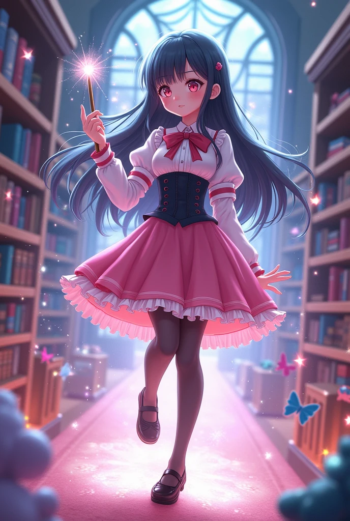 (best quality,4k,8k,highres,masterpiece:1.2),ultra-detailed, fantasy setting, Magic school, (1girl), high school boy magically transformed into a cute school girl, long black hair, fair skin, colorful lighting,fantasy world,pink eyes,gender bending,cute school girl fashion,dressed in a pink fantasy girl’s uniform with corset,a ribbon tie and knee-length skirt, petticoat,puffy sleeves, black stockings and mary jane shoes, feminine outfit,holding a magic wand,sparkling magic,female transformation spell,magical aura,mirror reflection,amazed expression,fantastical scenery,enchanted school environment,bookshelf filled with magical books,textbooks with floating letters,hairstyling tools,sparkles raining down,sparkling stars,soft and pastel colors,expressive facial features,girlish smiles, happy and confident poses,wonder and joy in her eyes,lively and dynamic composition,shimmering and glowing effects,enchanted ,eye-catching accessories,beautifully detailed lips,school bag with magical elements,subtle surreal elements,life-changing moment