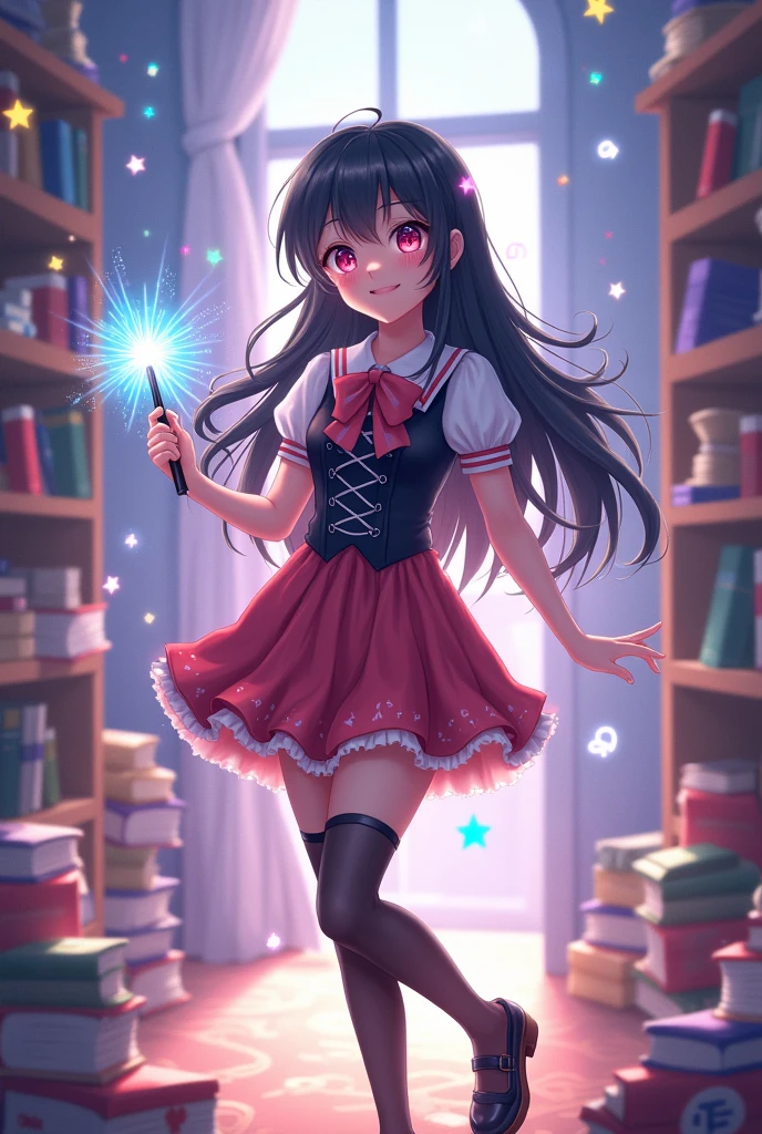 (best quality,4k,8k,highres,masterpiece:1.2),ultra-detailed, fantasy setting, Magic school, (1girl), high school boy magically transformed into a cute school girl, long black hair, fair skin, colorful lighting,fantasy world,pink eyes,gender bending,cute school girl fashion,dressed in a pink fantasy girl’s uniform with corset,a ribbon tie and knee-length skirt, petticoat,puffy sleeves, black stockings and mary jane shoes, feminine outfit,holding a magic wand,sparkling magic,female transformation spell,magical aura,mirror reflection,amazed expression,fantastical scenery,enchanted school environment,bookshelf filled with magical books,textbooks with floating letters,hairstyling tools,sparkles raining down,sparkling stars,soft and pastel colors,expressive facial features,girlish smiles, happy and confident poses,wonder and joy in her eyes,lively and dynamic composition,shimmering and glowing effects,enchanted ,eye-catching accessories,beautifully detailed lips,school bag with magical elements,subtle surreal elements,life-changing moment