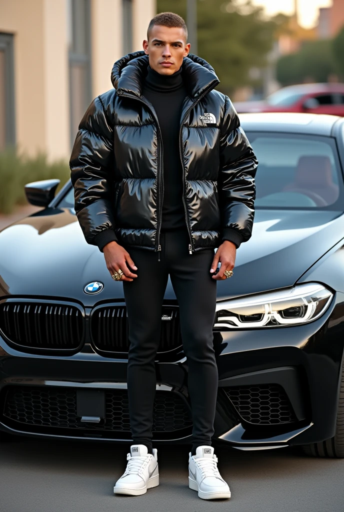 full view full body, white guy with light-brown undercut clean shaved haircut, golden rings, wearing full length shiny skintight rubber grass with a black North Face puffer jacket blistered with air and white Nike Air Force one, waiting standing beside bmw car