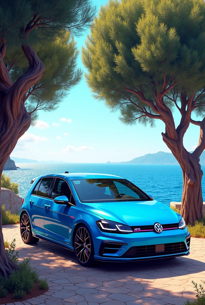 Neon blue Volkswagen golf between olive trees near sea waves