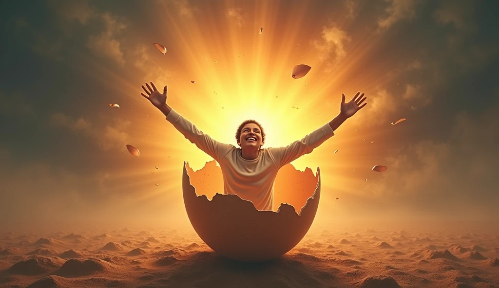 "Generate an image of a person breaking out of a large, cracked eggshell. The person should be smiling confidently, with their arms outstretched as they emerge from the shell. The light rays should radiate from behind them, creating a warm and energetic atmosphere. The background should gradually transition from dark, muted tones at the bottom (where the shell is) to bright, vibrant colors at the top, symbolizing growth and energy. Include dynamic, bold text that reads 'Breaking Out!' positioned near the top, with colors that contrast with the background to ensure readability. The person should look determined, with expressive eyes and a welcoming smile."