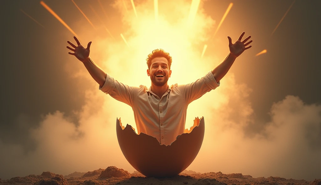 "Generate an image of a person breaking out of a large, cracked eggshell. The person should be smiling confidently, with their arms outstretched as they emerge from the shell. The light rays should radiate from behind them, creating a warm and energetic atmosphere. The background should gradually transition from dark, muted tones at the bottom (where the shell is) to bright, vibrant colors at the top, symbolizing growth and energy. Include dynamic, bold text that reads 'Breaking Out!' positioned near the top, with colors that contrast with the background to ensure readability. The person should look determined, with expressive eyes and a welcoming smile."