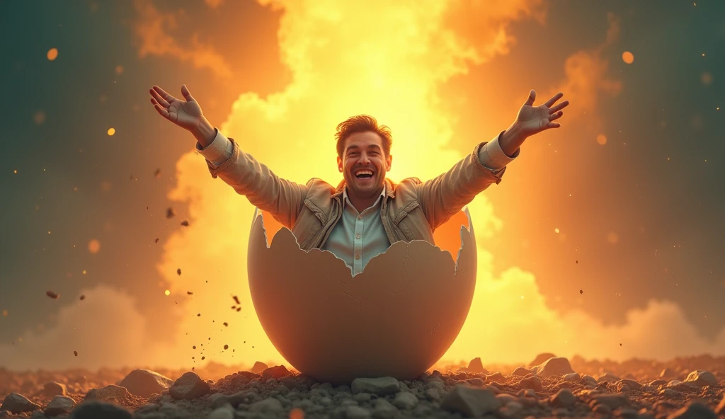 "Generate an image of a person breaking out of a large, cracked eggshell. The person should be smiling confidently, with their arms outstretched as they emerge from the shell. The light rays should radiate from behind them, creating a warm and energetic atmosphere. The background should gradually transition from dark, muted tones at the bottom (where the shell is) to bright, vibrant colors at the top, symbolizing growth and energy. Include dynamic, bold text that reads 'Breaking Out!' positioned near the top, with colors that contrast with the background to ensure readability. The person should look determined, with expressive eyes and a welcoming smile."