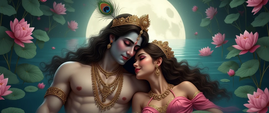 A serene view of Lord Krishna in traditional dress, muscular, royal crown with few peacock feathers in the crown, wearing a floral garland. Krishna holds Radha in his hands. Radha has a sexy fair skin face, brown eyes, red lips, long wavy brown hair, wearing a luxurious crown. Radha is wearing sexy traditional dress, fully exposing her hot navel to seduce lord Krishna. Radha has perfect body features. Radha and krishna are looking at each other in a seductive way. Radha sleeping on krishna's chest. Both radha and lord krishna are happy in the palace pond covered with pink lotus flowers. Radha and krishna are very happy with a smile. The backdrop features a luminous full moon, casting a tranquil glow Depth to the image, creating a sacred and mystical atmosphere. The scene is a top view. Make sure everything is perfect.