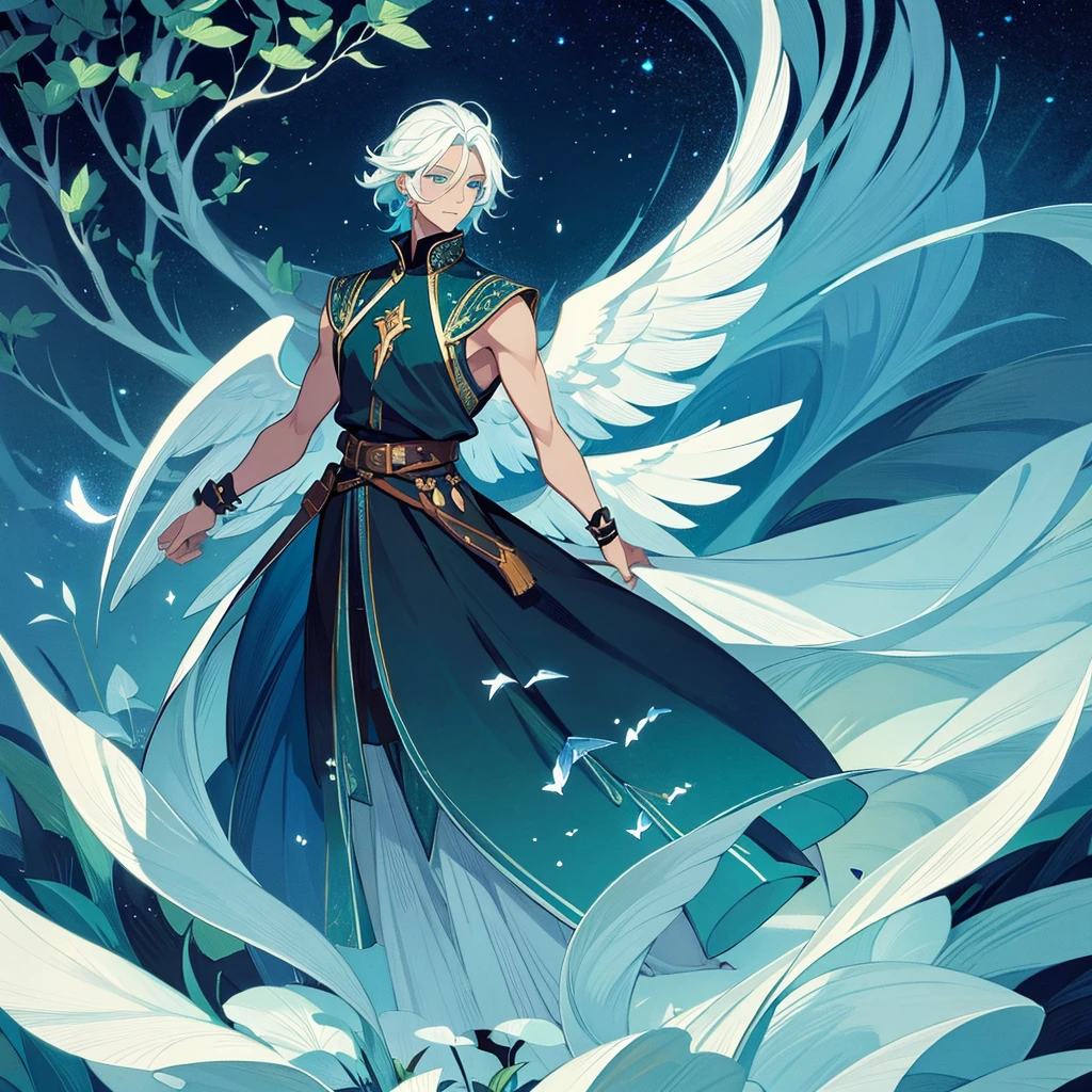 Man with black skin and white hair, messy medium hair. Bright sky blue eyes. Green branches with elongated leaves.Black high-neck blouse, sleeveless, Dark blue tunic with green sparkles resembling a starry night sky, waist belt with bag. a large pair of wings. mystical atmosphere, delicate brushwork, magical scenery, Peaceful and serene. detailed clothing. nature background (best qualityer, high resolution, ultra detali).