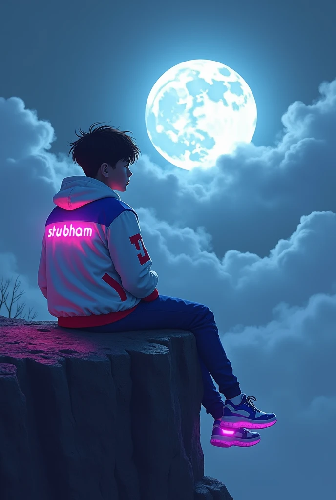 A young person sits on a rocky cliff, gazing at a large, luminous moon in a dramatic sky filled with dark clouds. The figure is dressed in a white jacket with blue and red accents, featuring a prominent “Shubham” logo on the back with purple neon glow , and black pants. Their stylish, futuristic sneakers emit a soft purple glow, while their hair is tousled and lightly illuminated by the moonlight. The overall scene has a moody and introspective atmosphere, with shadows and vibrant colors blending beautifully.