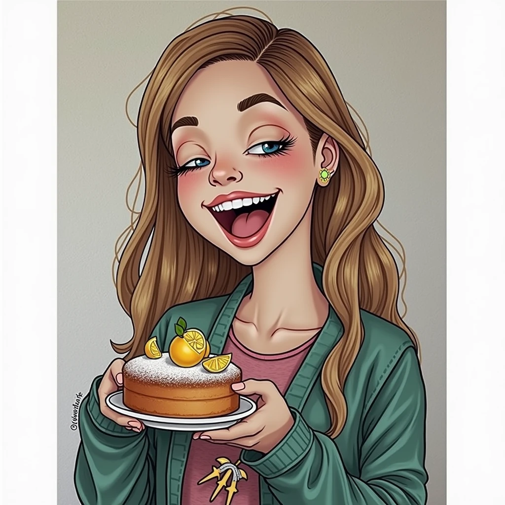 Huging Beyonce and caring a lemon cake