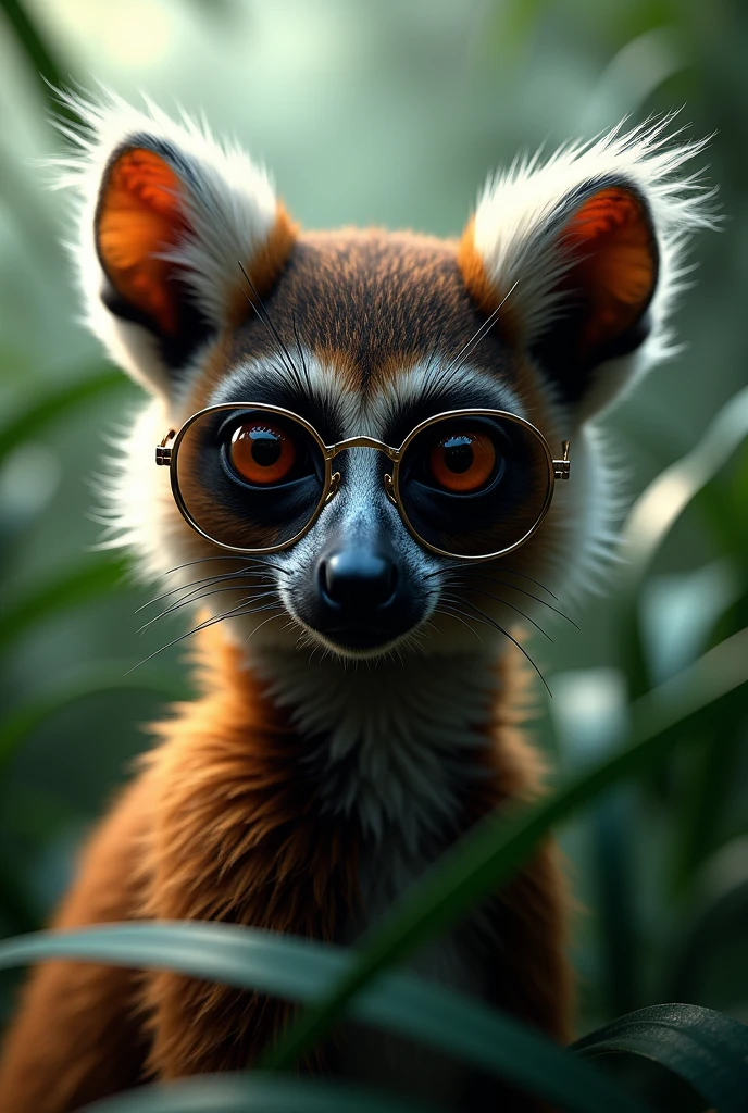 Create a high-fashion scene featuring a lemurian maki showcasing luxury sunglasses. The model should exude elegance and confidence, with a focus on the sunglasses as the centerpiece. The background is ine the jungle, a small fog, should be neutral yet sophisticated, allowing the sunglasses and the model to stand out.