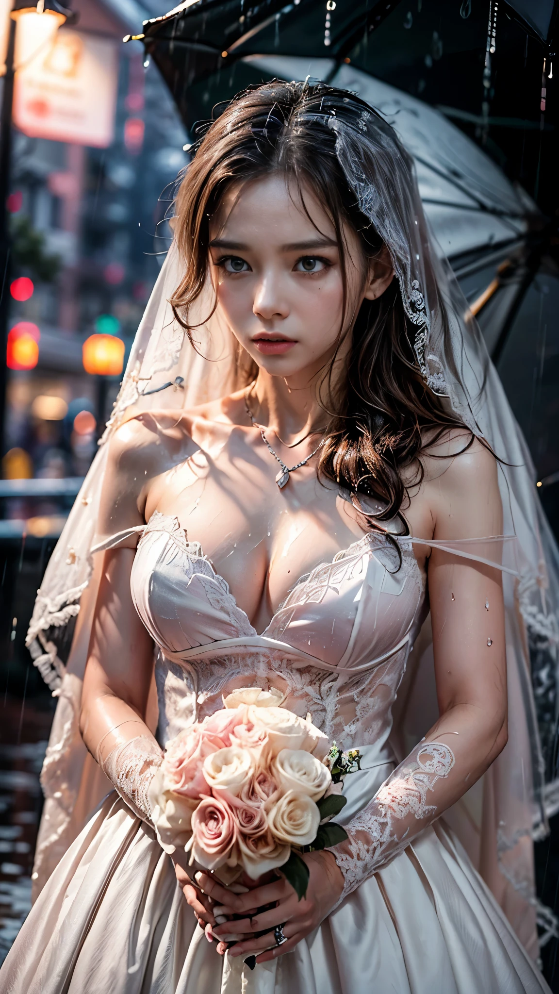 (RAW shooting, Photoreal:1.5, 8K, highest quality, masterpiece, ultra high resolution), (((Typhoon heavy rain))), perfect dynamic composition:1.2, (In front of a church at night in a modern city, expression of sadness:1.1, Tears are flowing:1.1, cry with a broken heart:1.1), Highly detailed skin and facial textures:1.2, Slim office lady wet in the rain:1.3, cowboy shot, Fair skin:1.2, sexy beauty:1.1, perfect style:1.2, beautiful and aesthetic:1.1, very beautiful face:1.2, water droplets on the skin, (rain drips all over my body:1.2, wet body:1.2, wet hair:1.3), (Holding a wet bouquet:1.2, wet pink wedding dress:1.3), (Medium chest, Bra is transparent, Chest gap),  (Eyes that feel beautiful eros:0.8), (Too erotic:0.9, Bewitching:0.9), necklace, earrings, bracelet