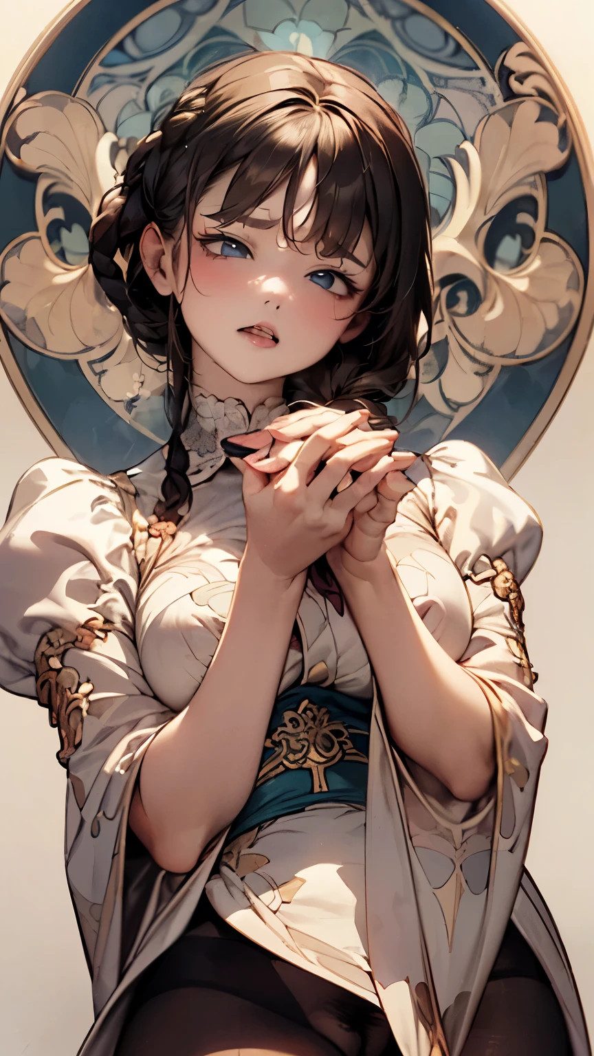 (((round face))), drooping eyes, shame, a young housewife, (focus on her mouth, ecstasy face, lewd girl, feminine casual clothes, dark pantyhose and pubic hair), (((masturbating while she is touching her body by herself, tongue))), braid, (((art nouveau))), 