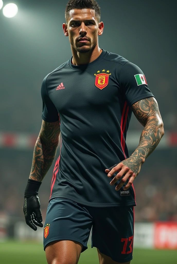 Create a soccer player with a shirt and thin with a tattoo on his neck and arms with a line on his eyebrow with a glove and high socks