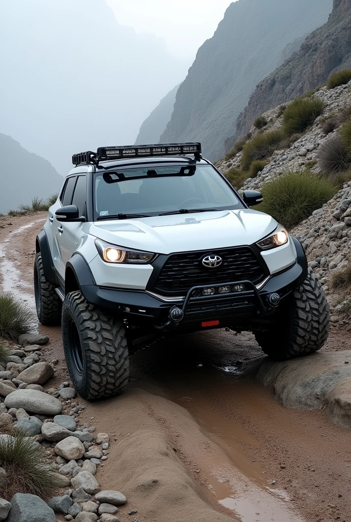 A White Swift modified with a rugged and off-road look, equipped with all-terrain tires and a matte black paint job, conquering a rocky mountain trail